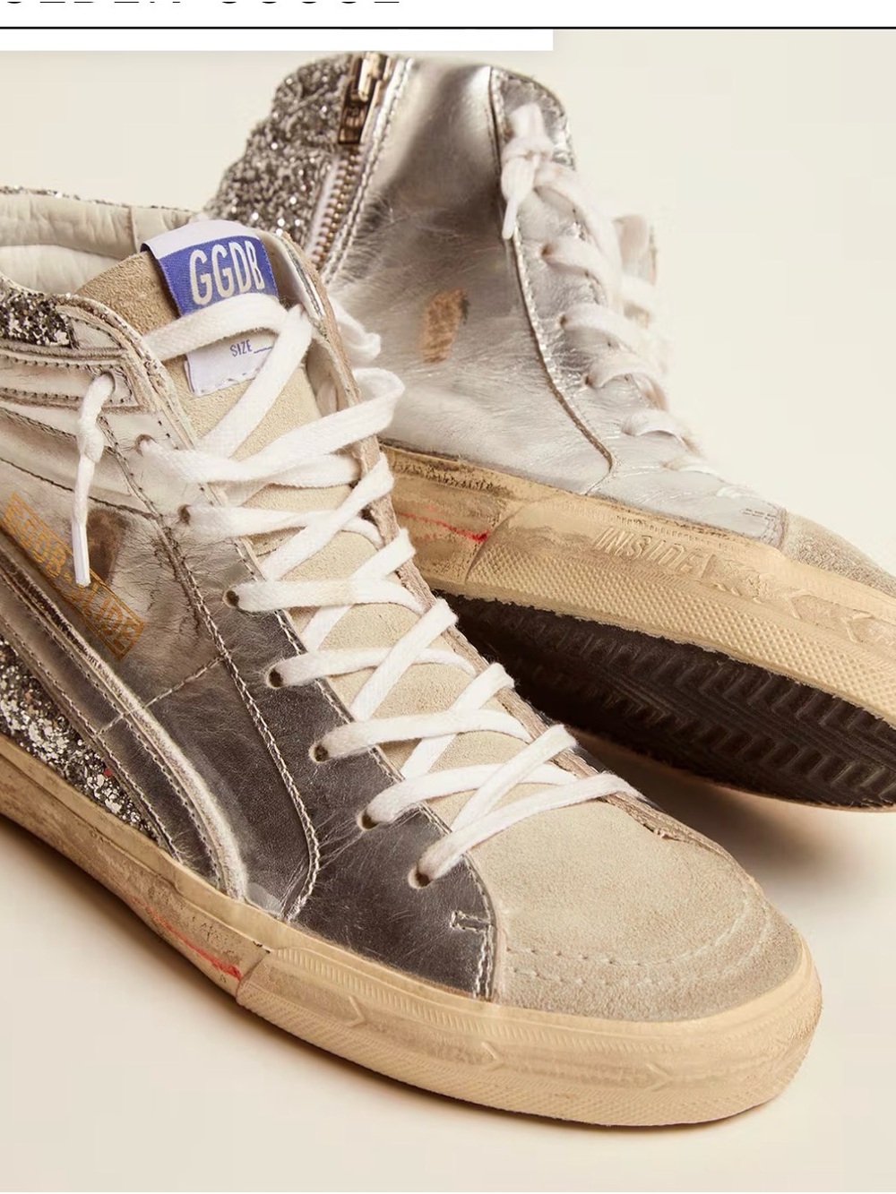 Golden Goose Silver & Cream High-Top Sneakers with Glitter Heel
